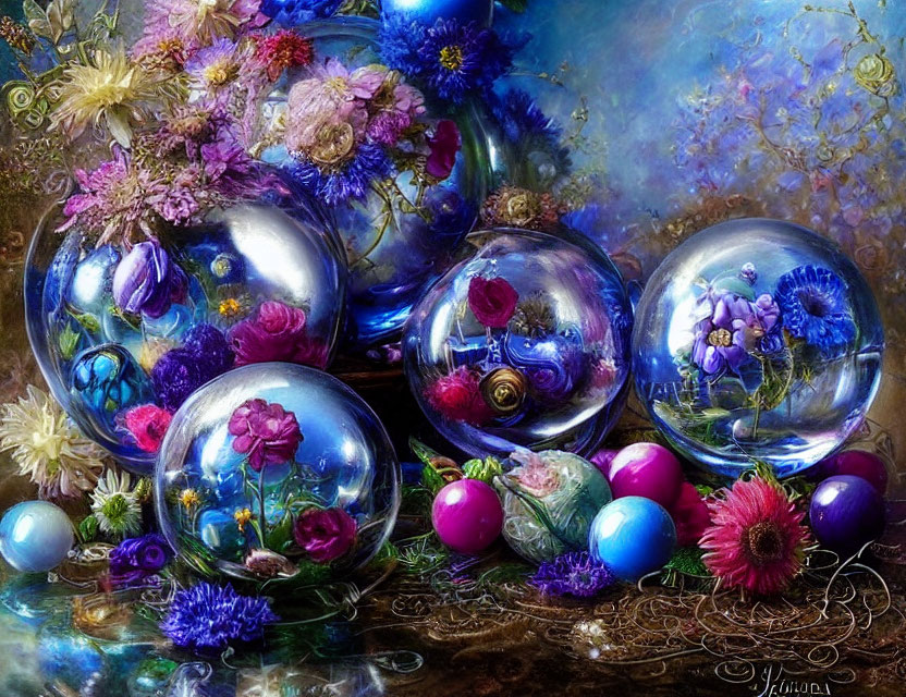 Colorful Still Life with Flowers and Reflective Spheres on Detailed Background