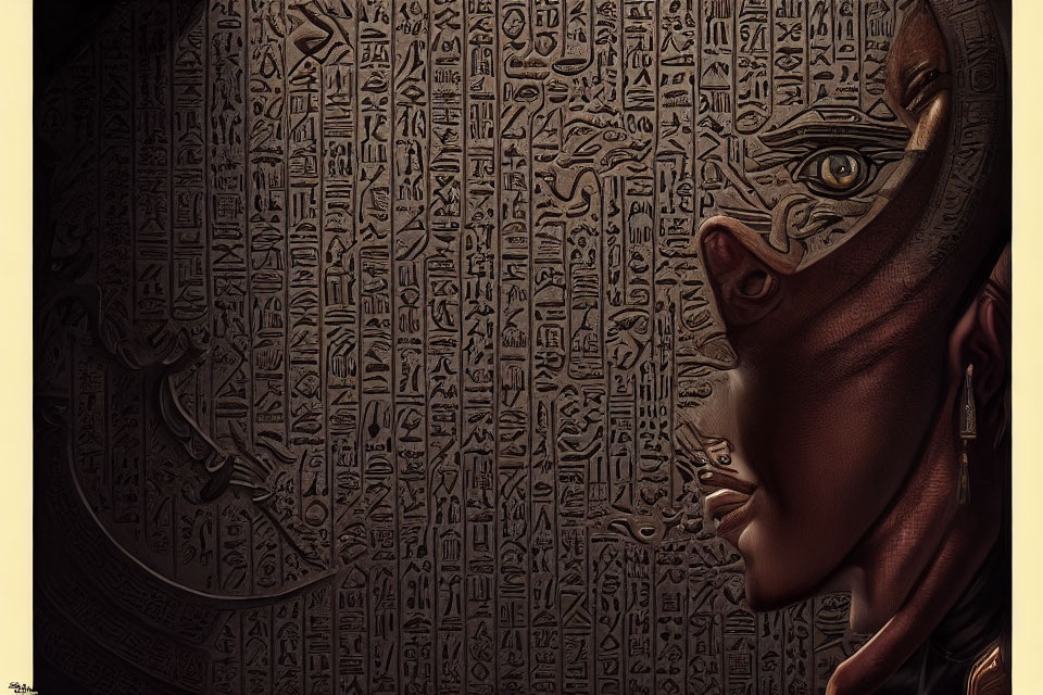 Embossed Metallic Artwork of Egyptian Pharaoh Profile with Hieroglyphic Inscriptions