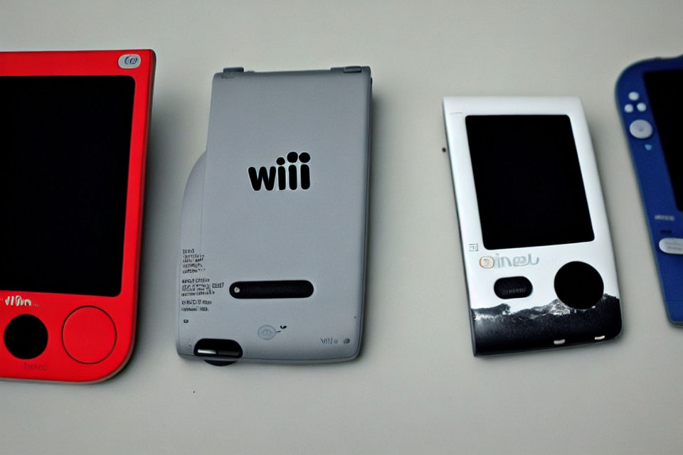 Red Portable Console, Grey Wii U GamePad, Blue Handheld Device on White Surface