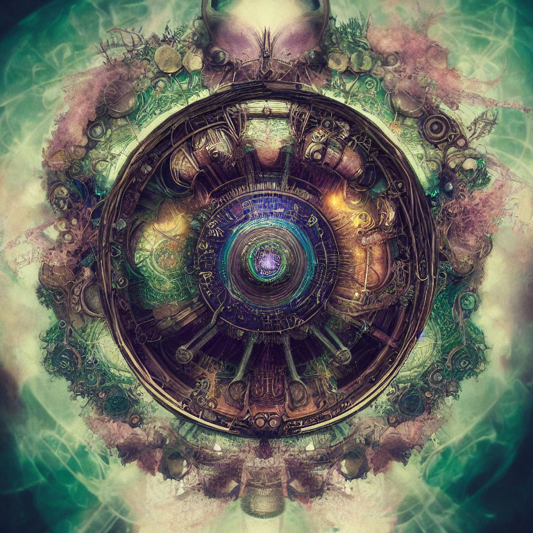 Symmetrical surreal fractal image with circular mechanism and intricate patterns