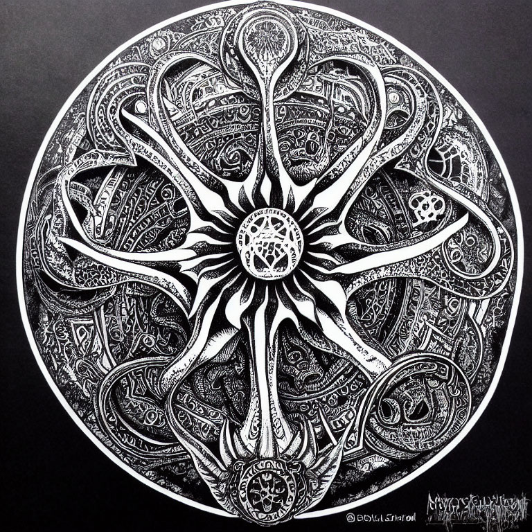 Detailed Black and White Mandala with Symmetrical Patterns