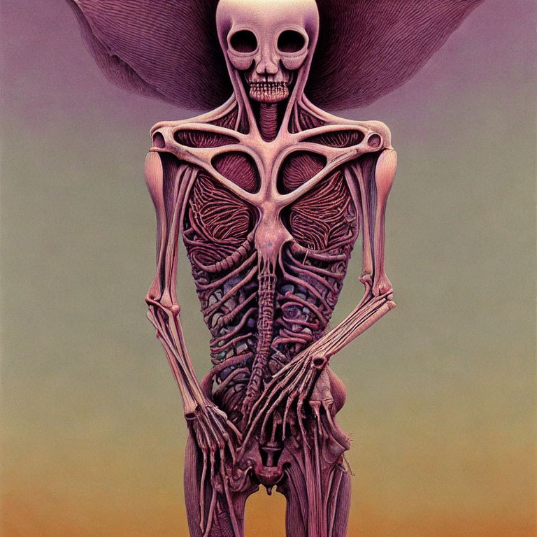 Skeletal figure with exposed organs and large hat in surreal illustration