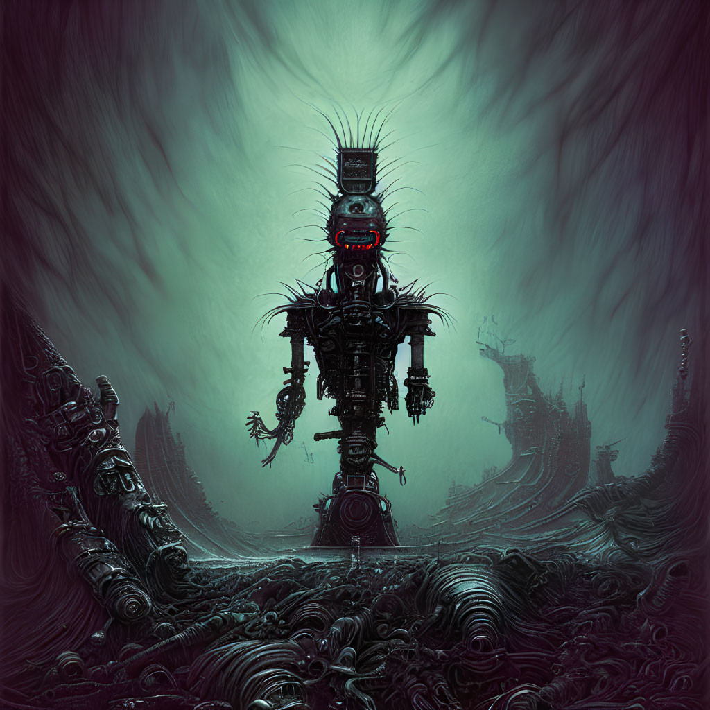 Dystopian artwork featuring towering robot in dark industrial landscape