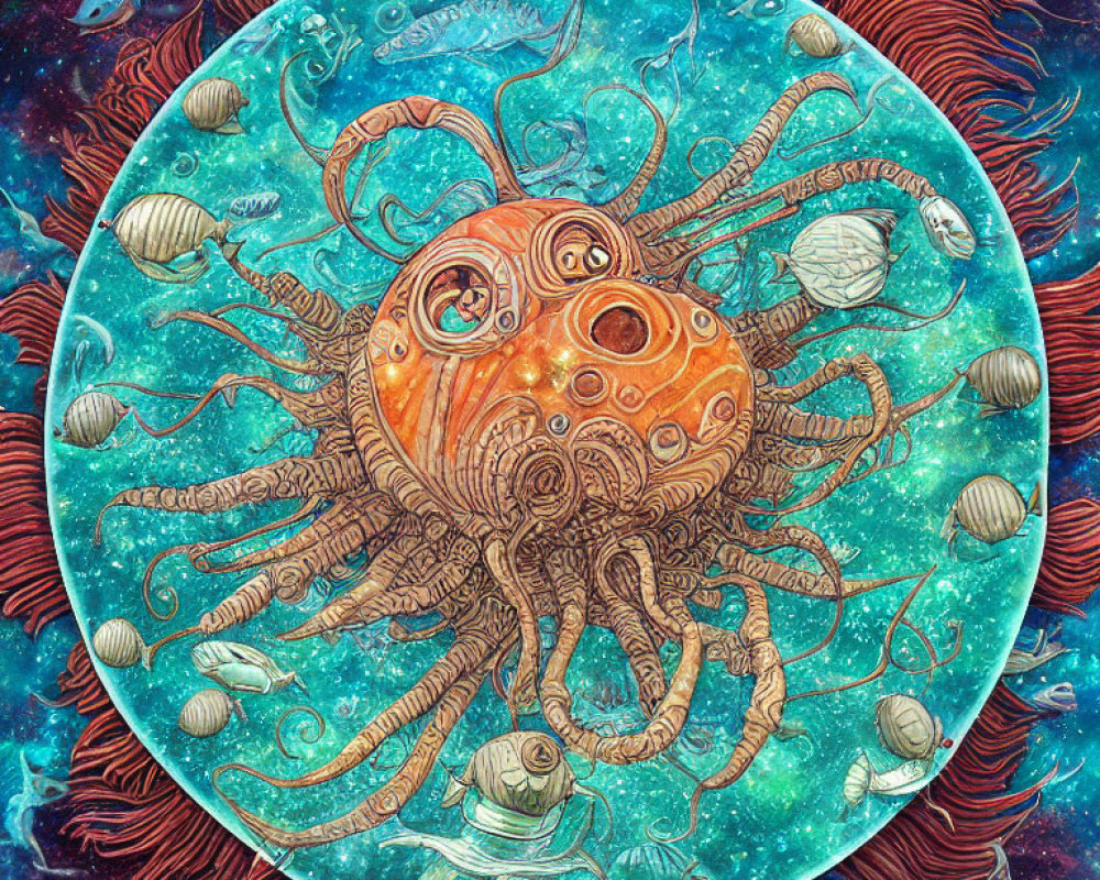 Colorful Octopus Artwork with Jellyfish and Nautilus Shells on Starry Background