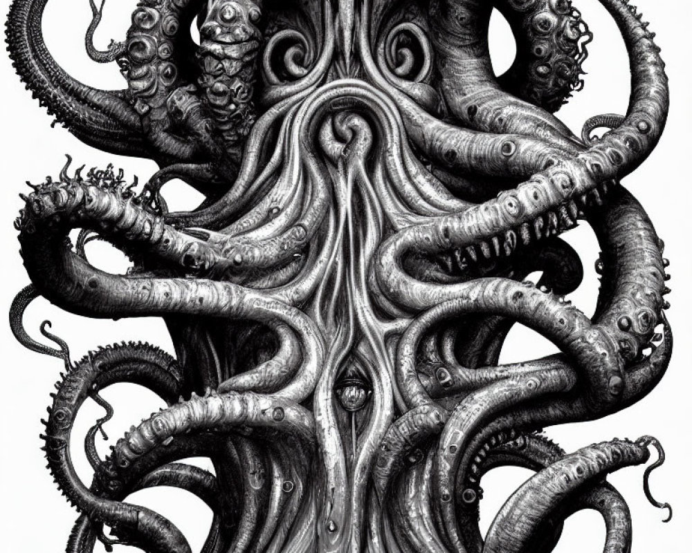 Detailed Black and White Octopus Illustration with Symmetrical Tentacles