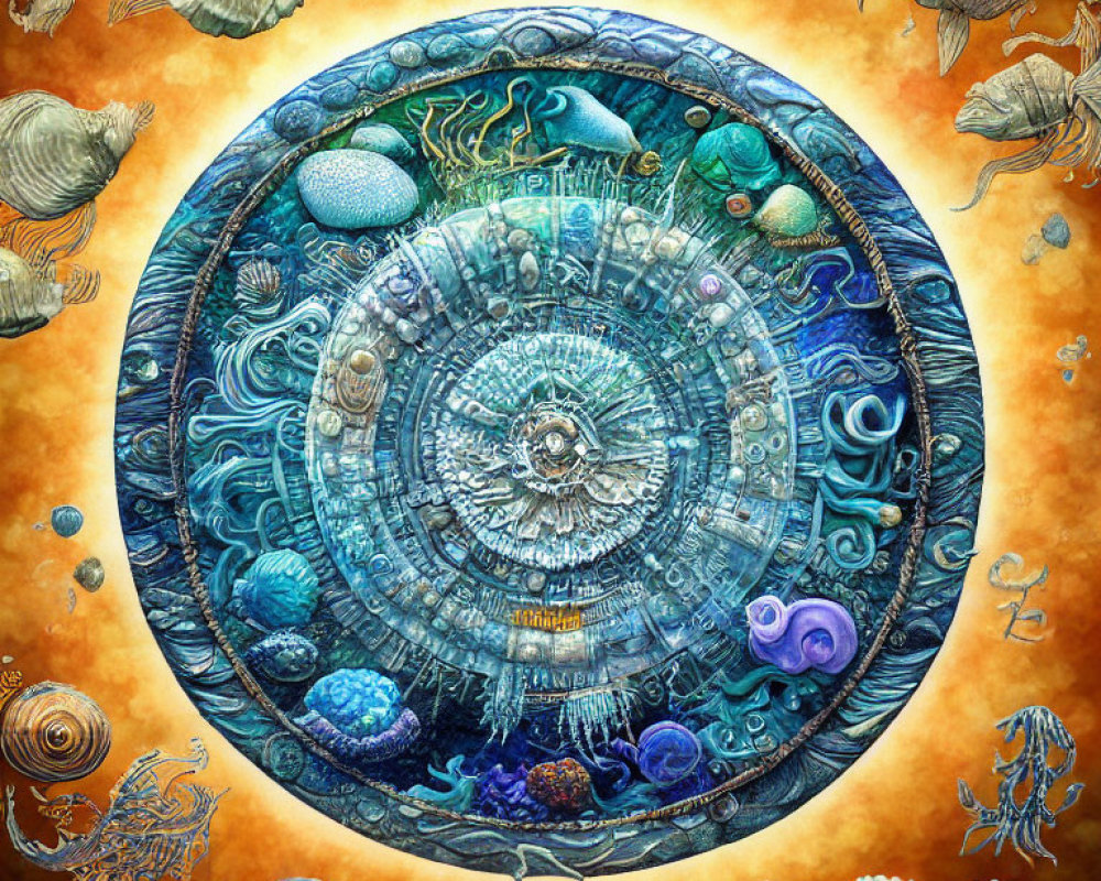 Colorful Circular Marine Life Artwork with Mystical Wheel and Intricate Designs on Orange Background