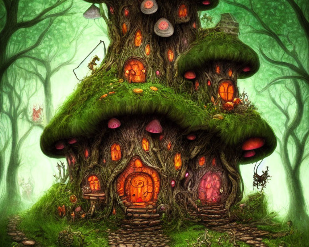 Whimsical treehouse with mushroom-like features in magical forest