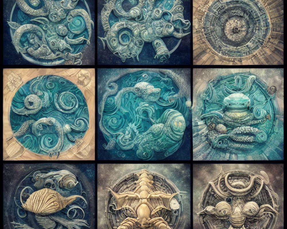 Blue and Bronze Oceanic and Celestial Themed Artworks with Tentacles, Shells, G