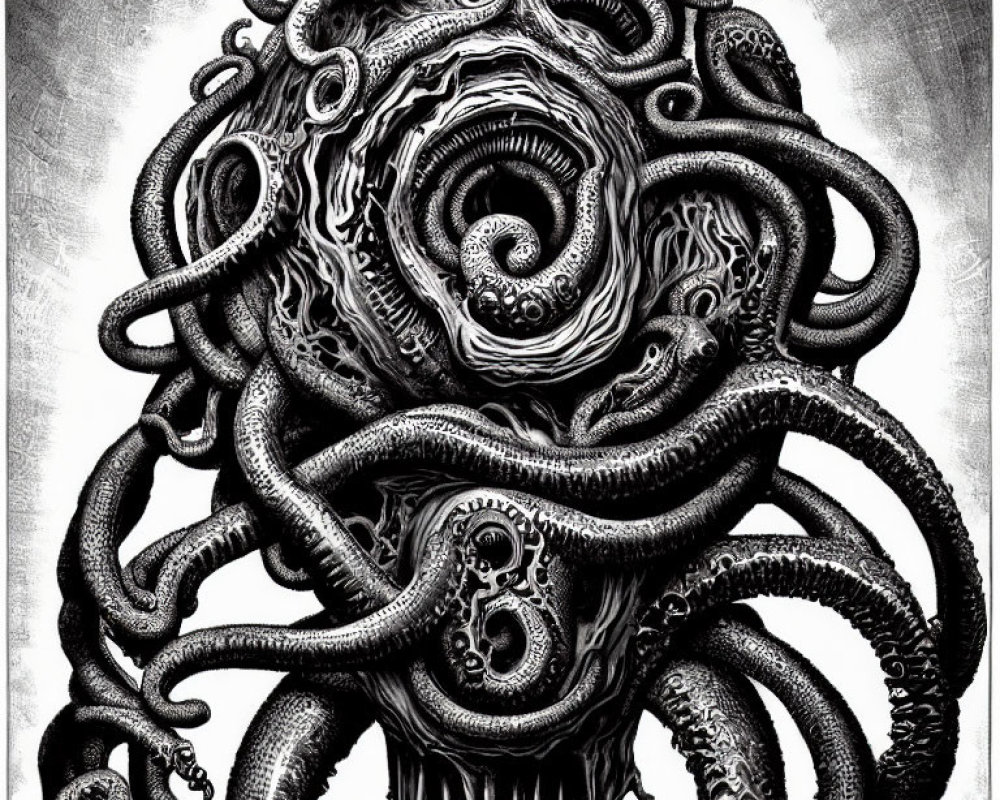 Monochromatic swirling tentacles and patterns in hypnotic vortex design.