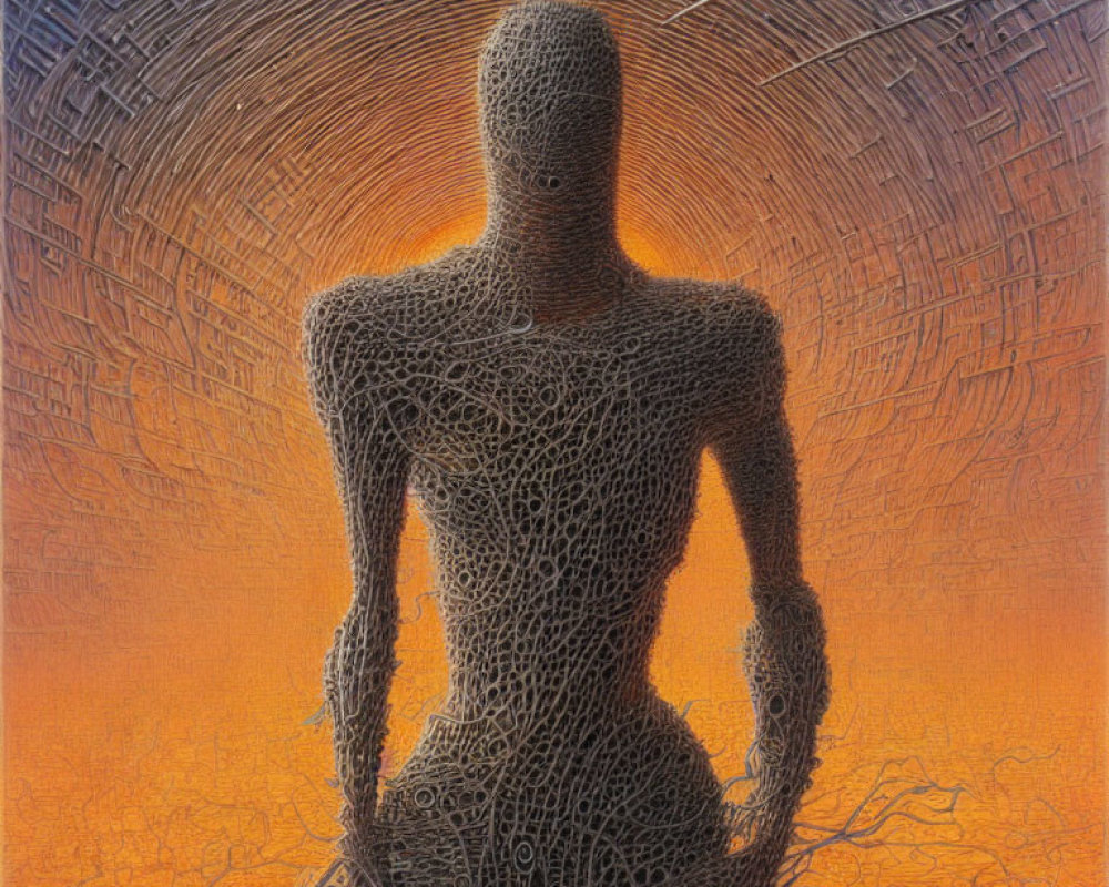 Intricate mesh pattern humanoid figure against orange backdrop