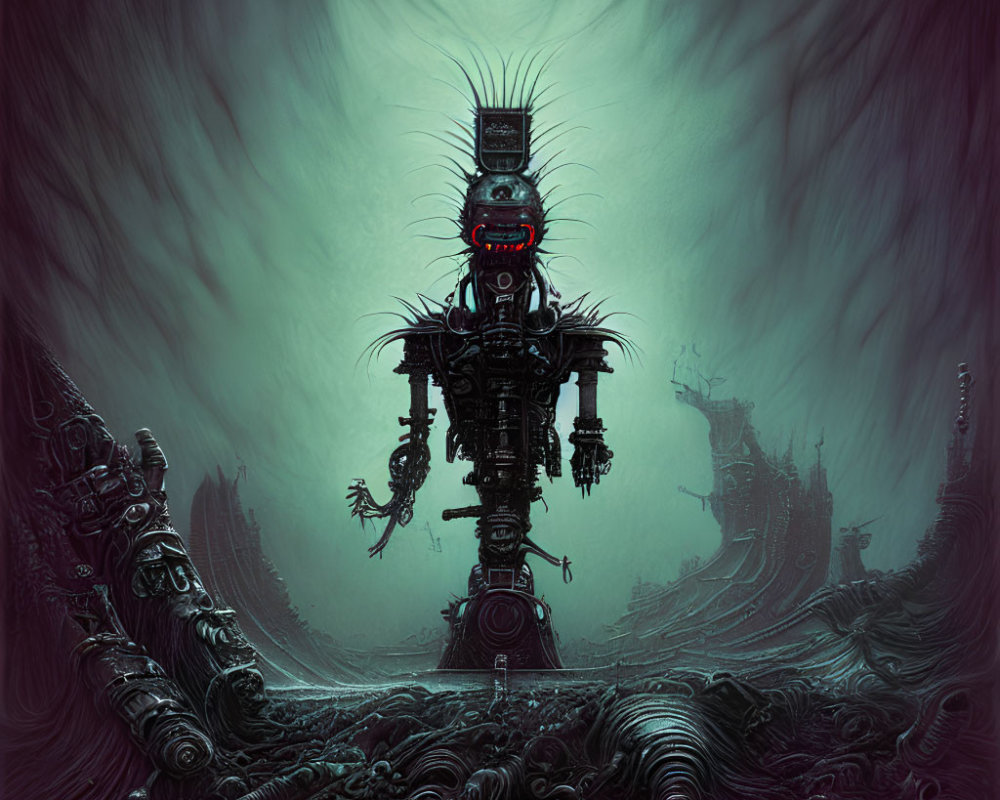 Dystopian artwork featuring towering robot in dark industrial landscape