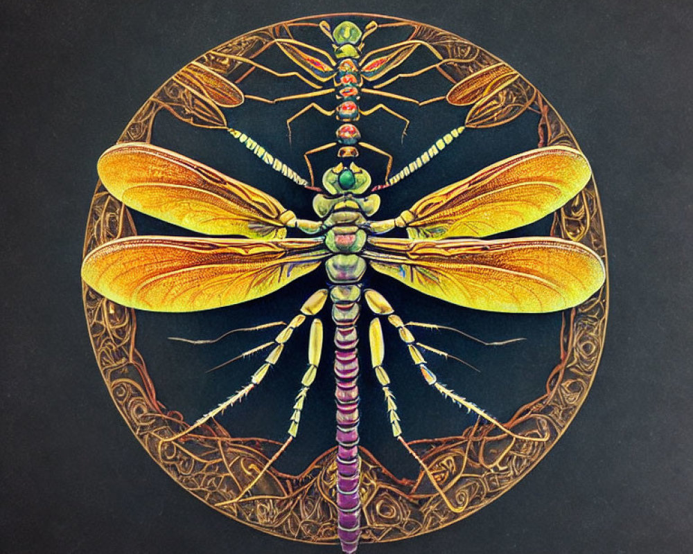 Detailed dragonfly illustration with intricate wing patterns on dark ornate background