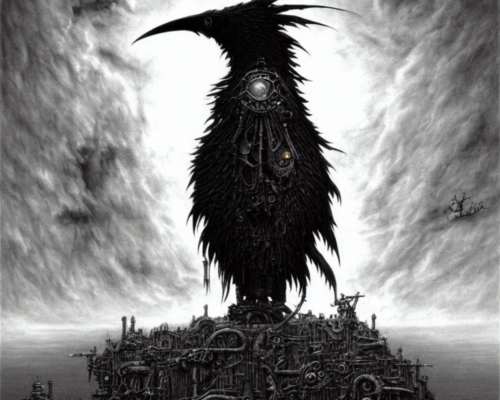 Monochrome artwork of raven on industrial cityscape under stormy sky