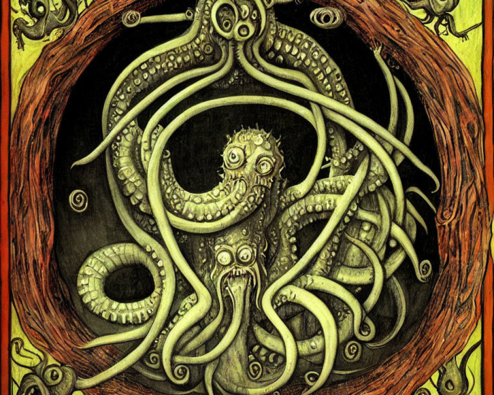 Detailed drawing: Central eye entity surrounded by tentacles with eyes in circular wood grain border