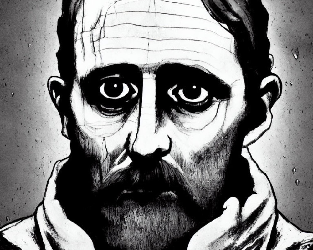 Detailed monochrome sketch of a man with intense eyes, prominent brows, and a beard.