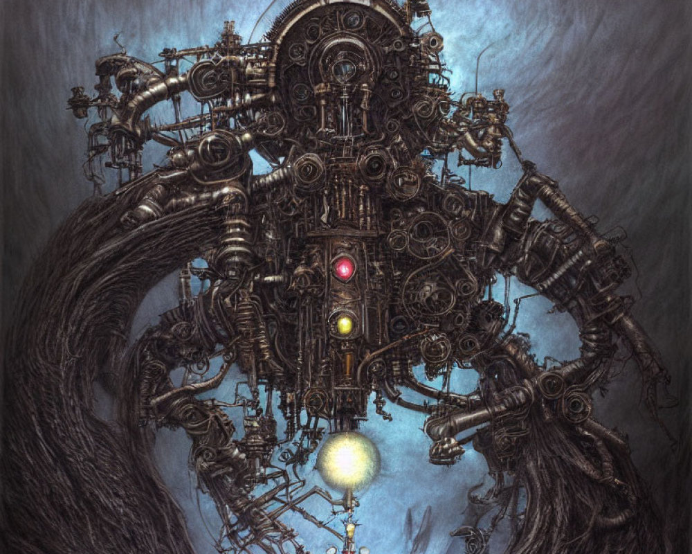 Detailed mechanical structure with gears, pipes, and orbs on textured background