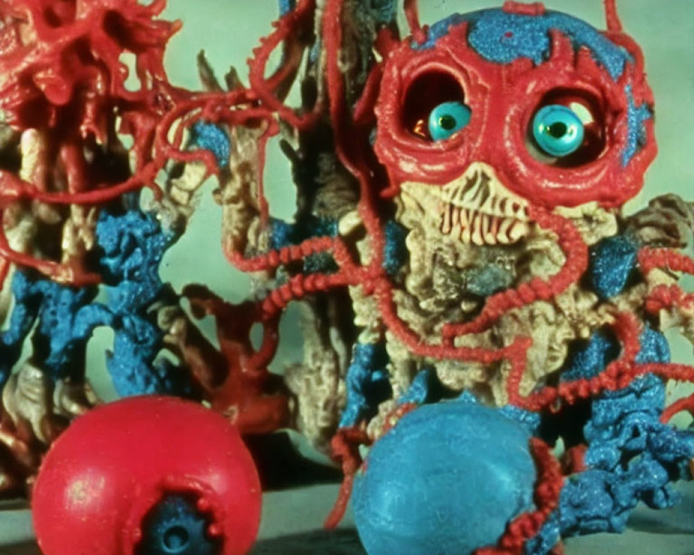 Vibrant red and blue sculpture with eye-like structures and intricate details