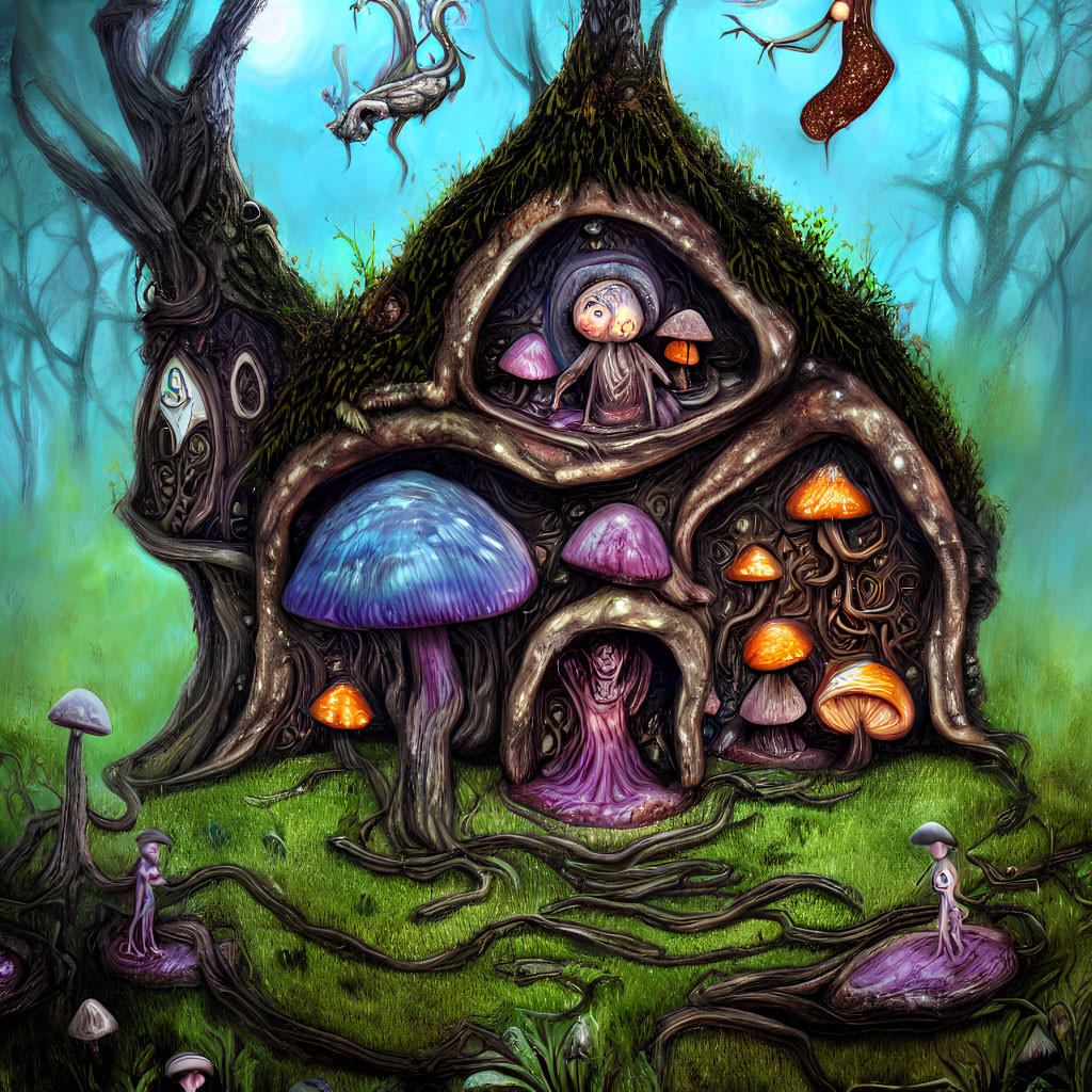 Illustration of whimsical treehouse face with person and vibrant mushrooms in mystical forest