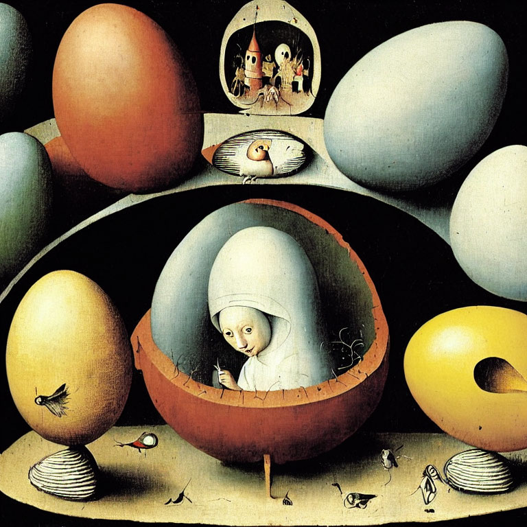 Surrealistic painting with oversized eggs, person writing, birds, and eye