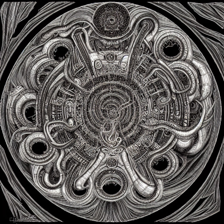 Circular Black and White Mandala with Mechanical and Organic Motifs