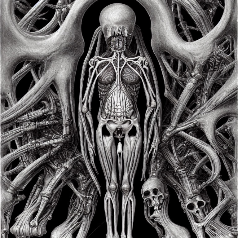 Detailed pencil drawing of human skeleton and skulls in gothic style