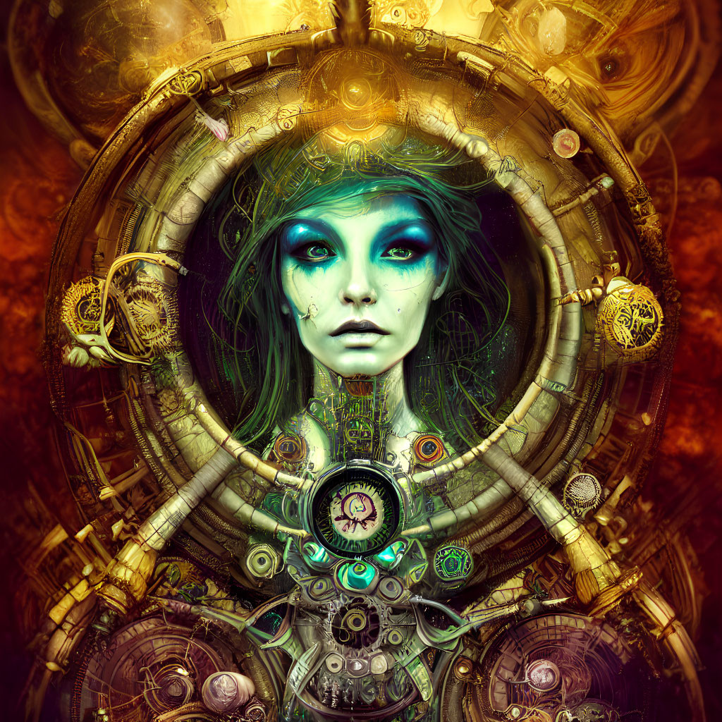 Fantastical woman with teal eyes in steampunk setting on amber backdrop