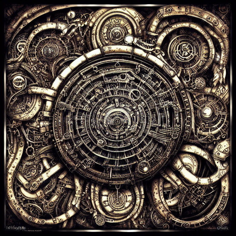 Circular Steampunk Style Artwork with Intricate Gears and Cogs