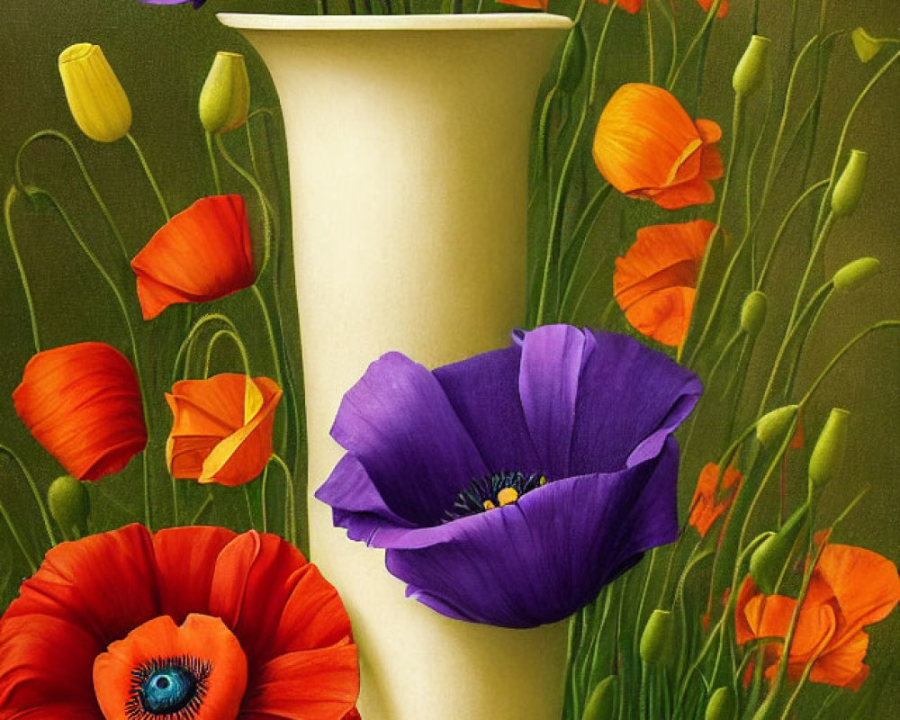 Colorful Floral Painting with Poppies, Tulips, and Vase
