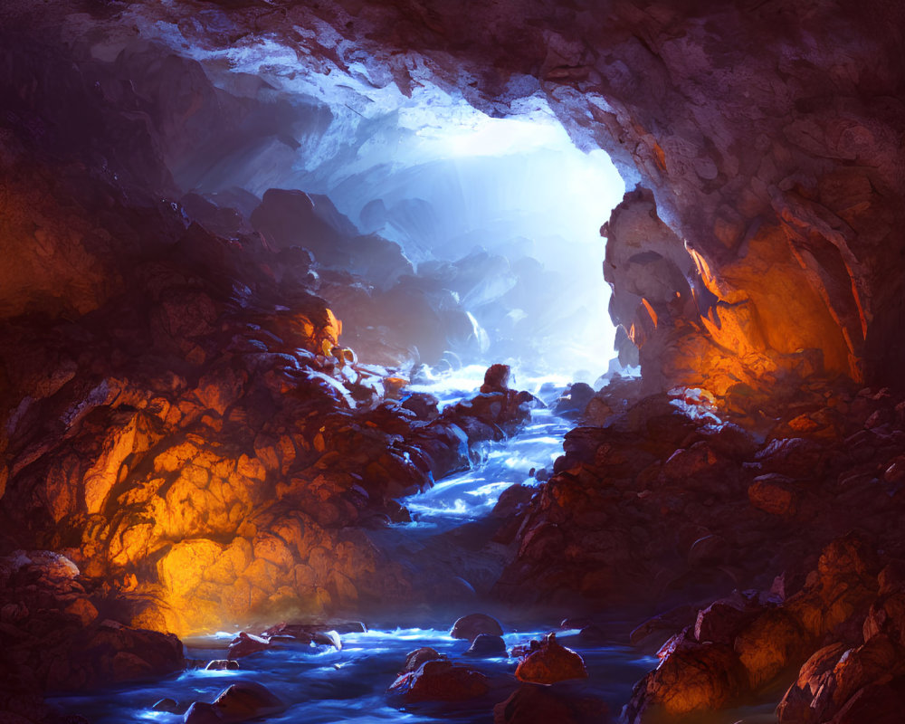 Subterranean cavern with flowing stream and warm glow.