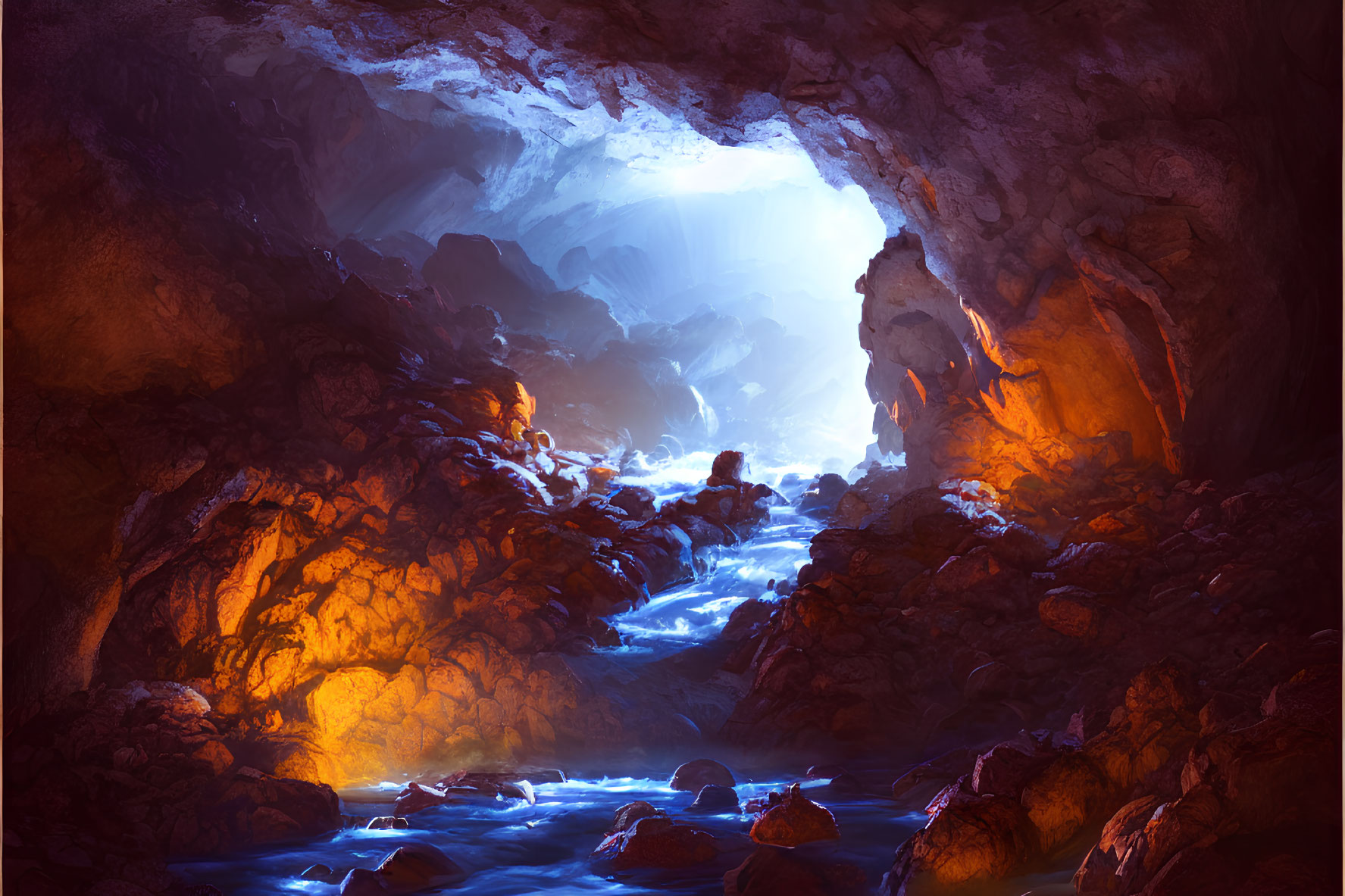 Subterranean cavern with flowing stream and warm glow.