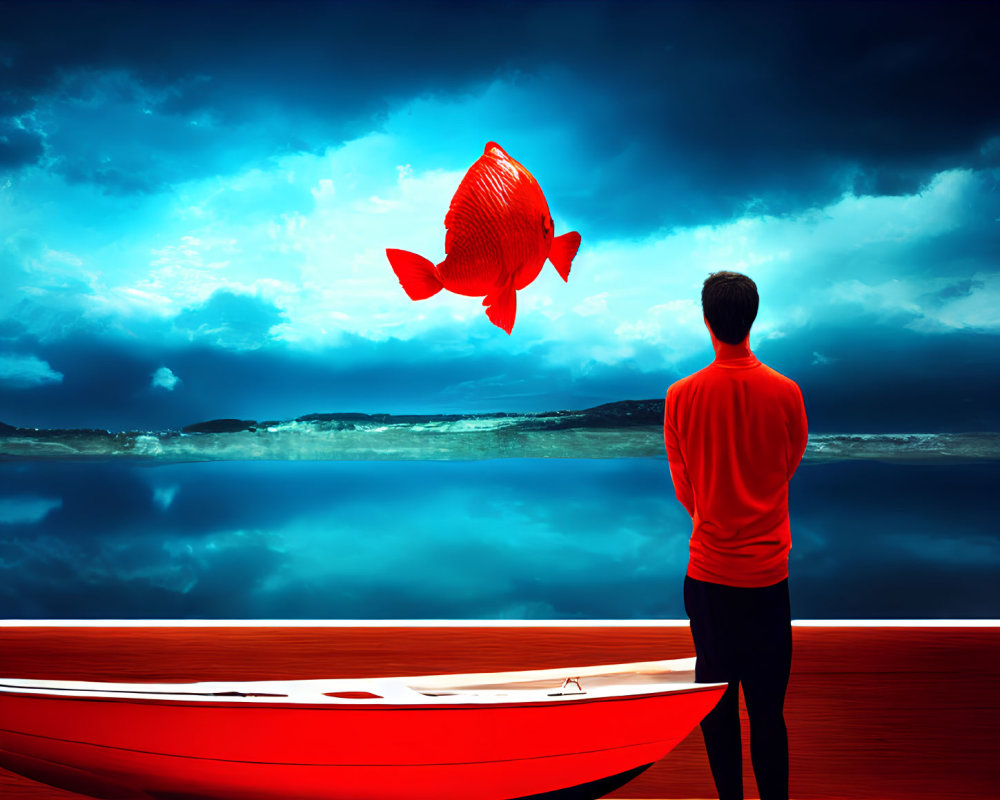 Red-shirted person with giant red fish above surreal scene