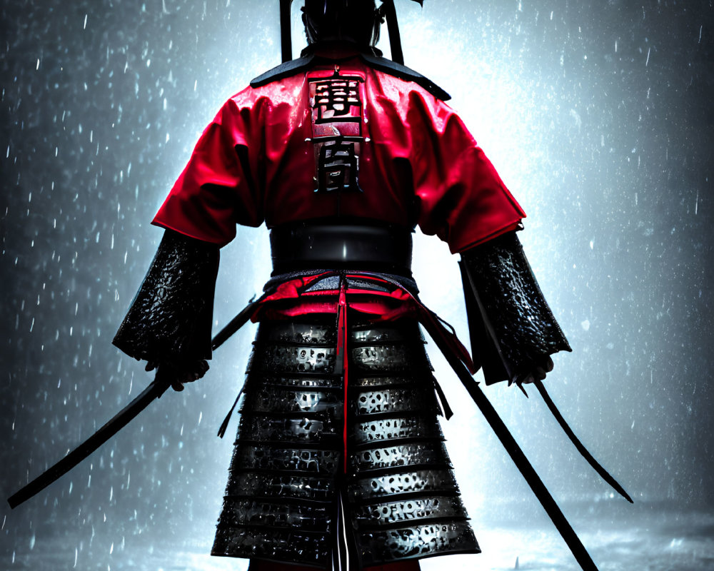 Traditional Samurai Armor Figure Standing in Night Rain