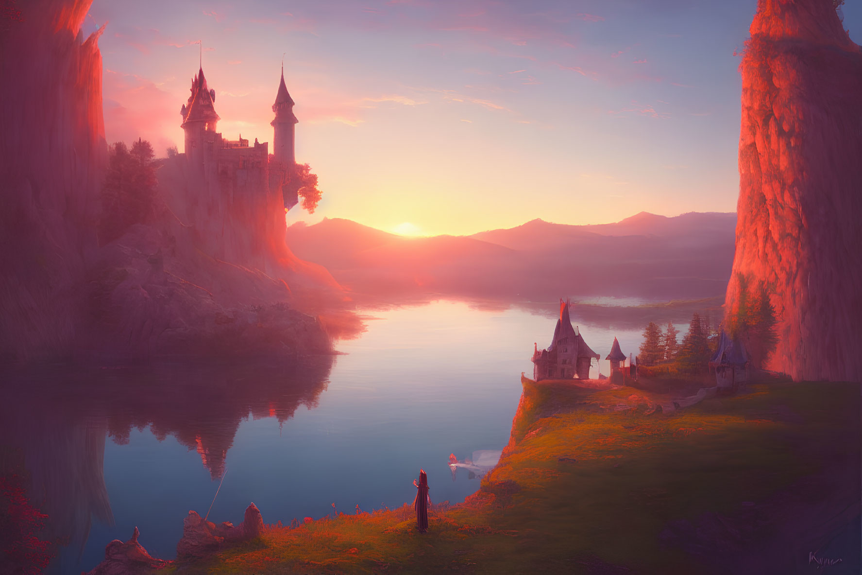 Majestic castle on cliff, vibrant sunset skies, figure by lake