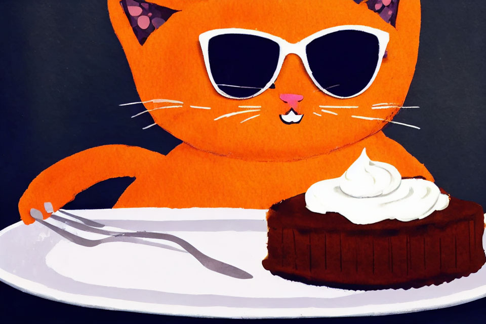 Illustrated orange cat with sunglasses at table with chocolate cake slice