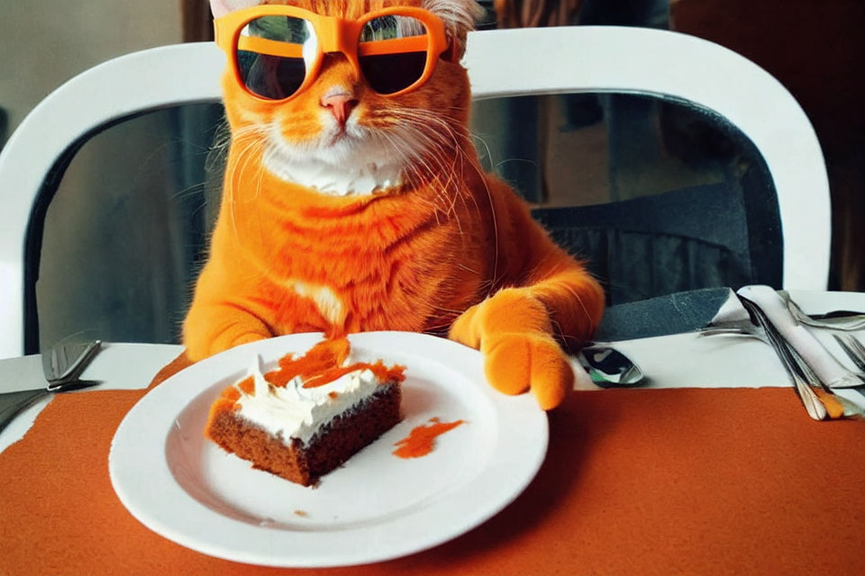 Orange Cat Wearing Sunglasses and Gloves at Table with Cake