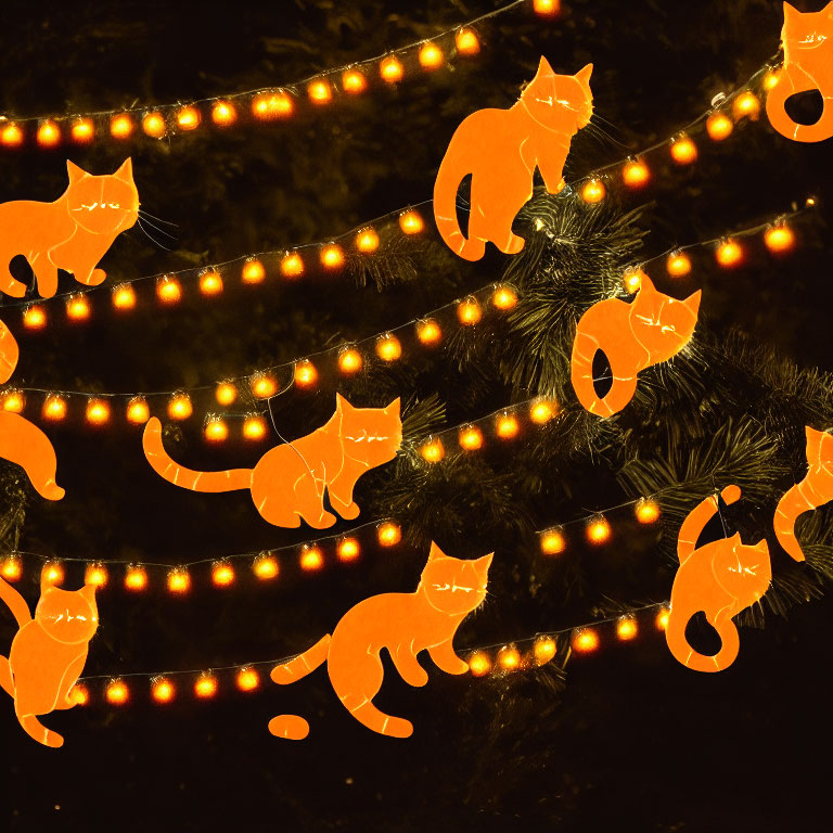 Orange Cats Playing with Warm Glowing Lights on Dark Background