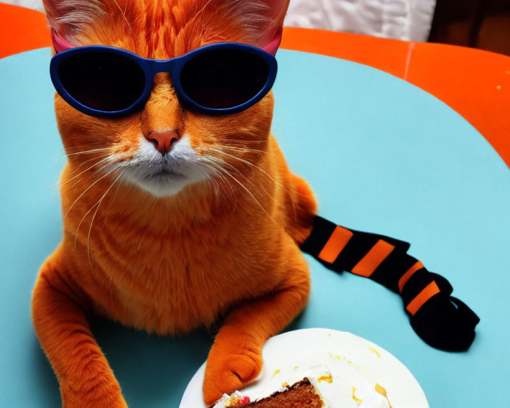 Orange Cat with Blue Sunglasses at Blue Table with Cake