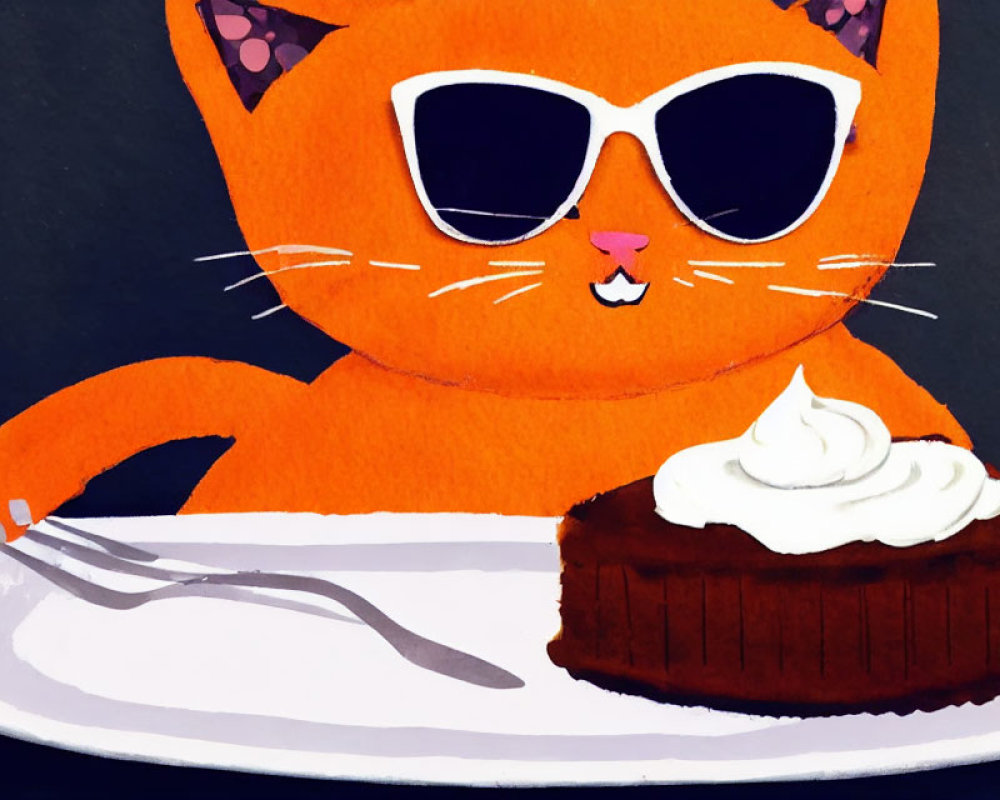 Illustrated orange cat with sunglasses at table with chocolate cake slice