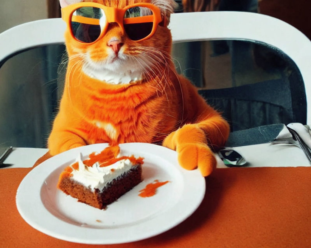 Orange Cat Wearing Sunglasses and Gloves at Table with Cake