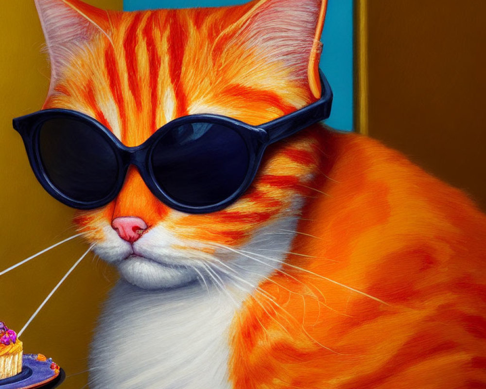 Orange Tabby Cat Wearing Sunglasses with Birthday Cake