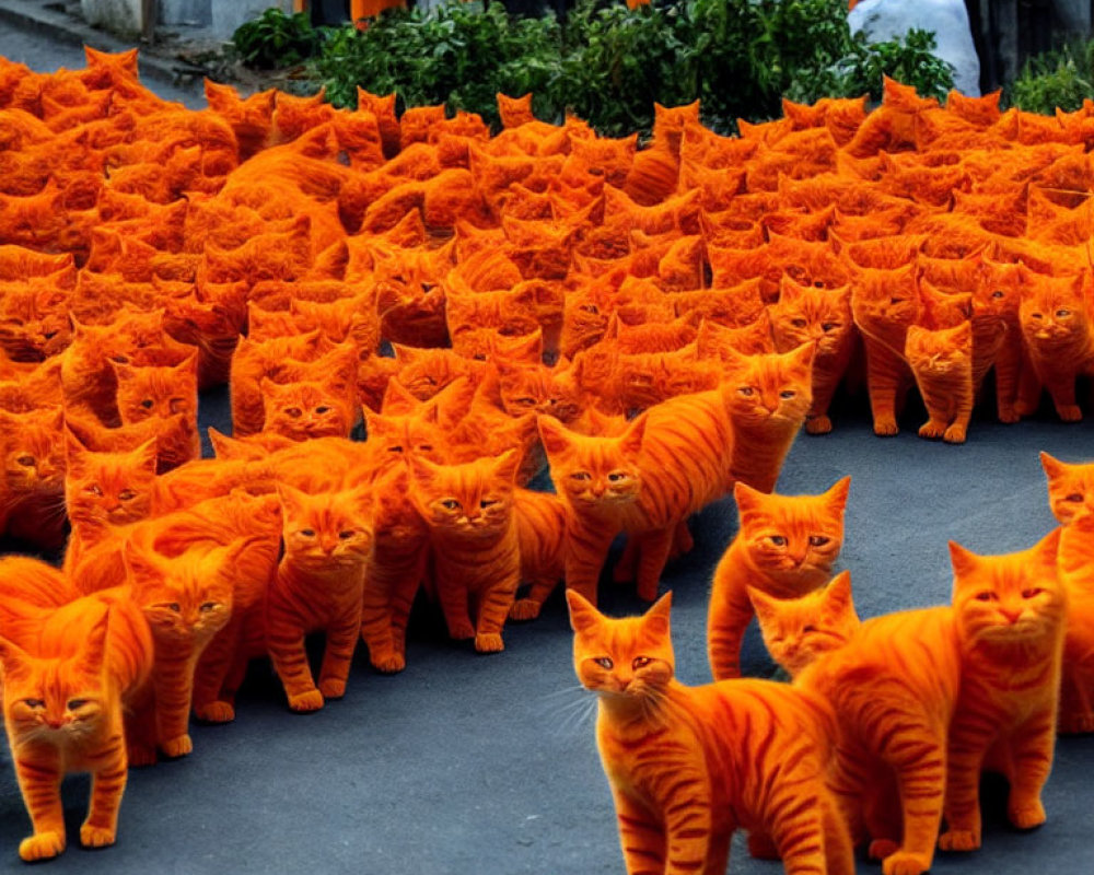 Vibrant street scene with bright orange cat sculptures