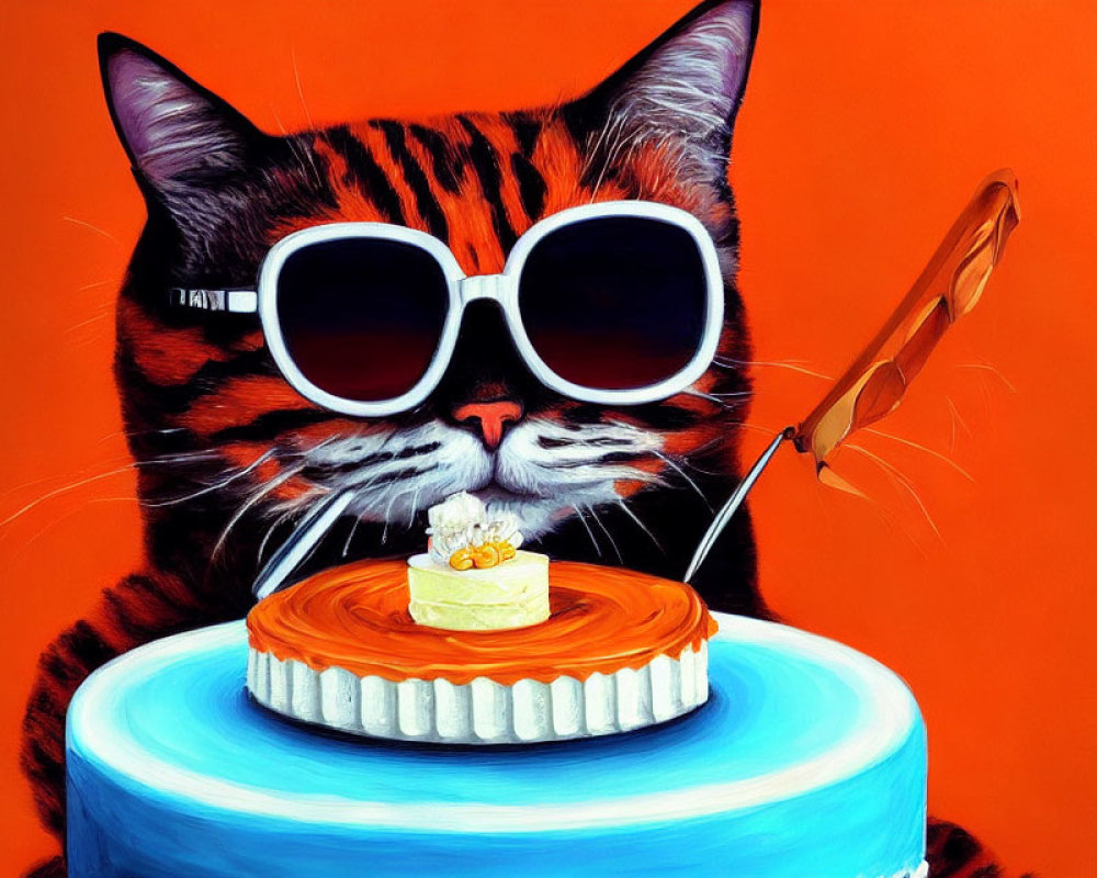 Cool cat with sunglasses painting pancake on blue pedestal against orange backdrop