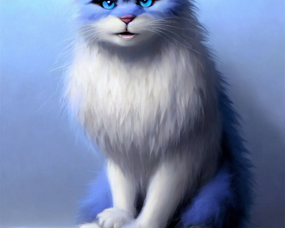 Fluffy White and Gray Cat with Striking Blue Features Sitting Gracefully