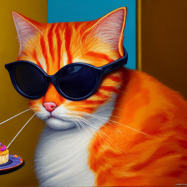 Orange Tabby Cat Wearing Sunglasses with Birthday Cake