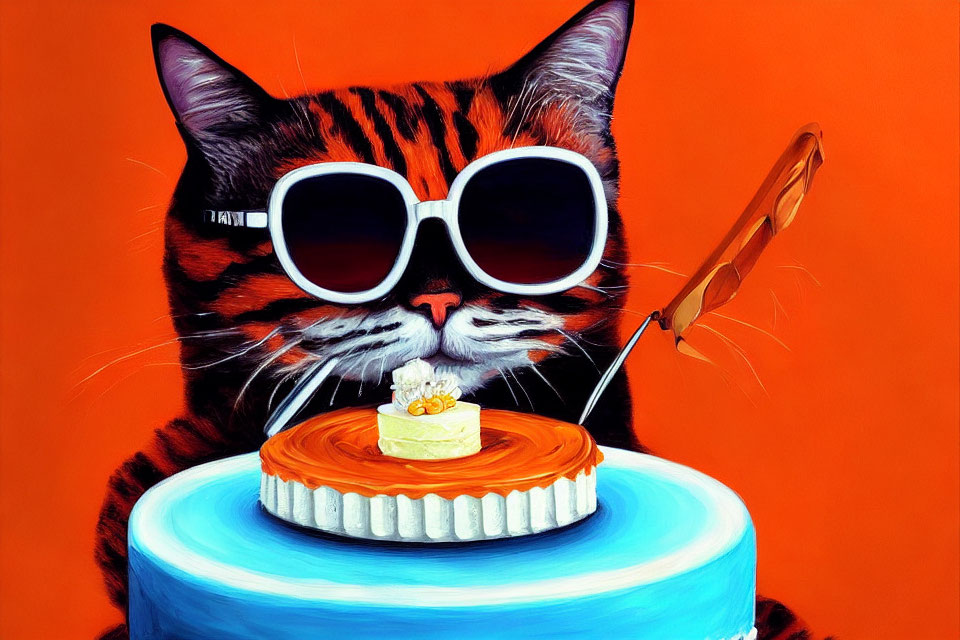 Cool cat with sunglasses painting pancake on blue pedestal against orange backdrop