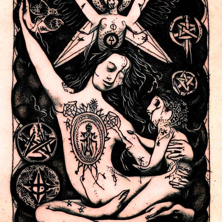 Detailed black ink illustration of angelic figure and symbols with intricate designs