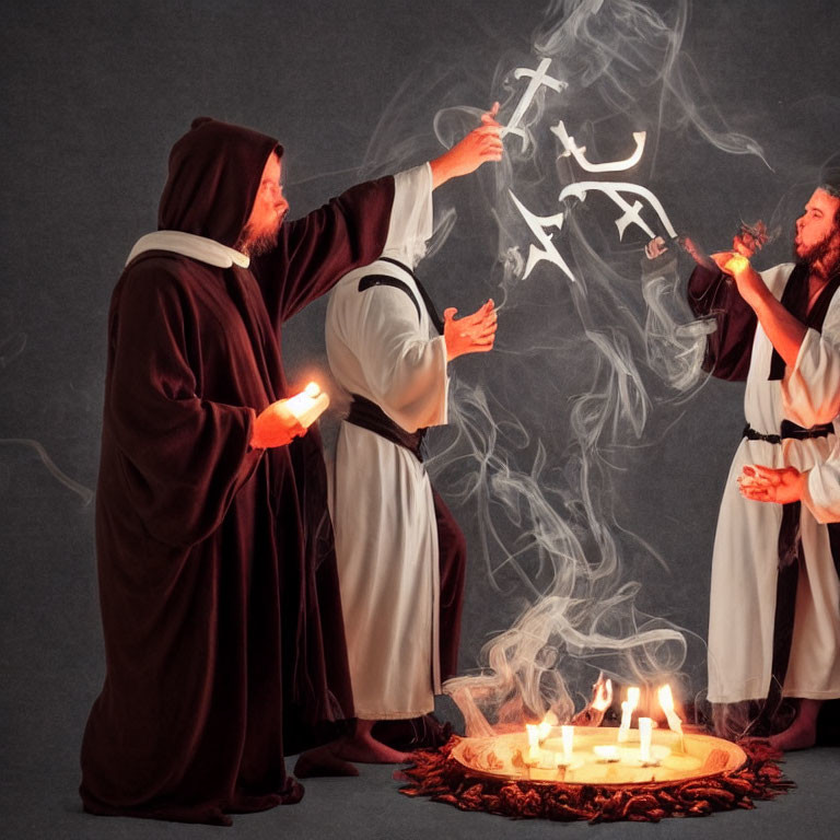 Monk robes clad figures in mystical ritual with smoking sword