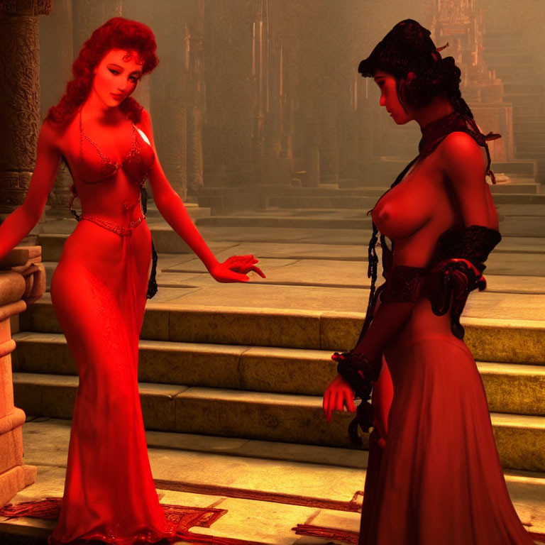 Stylized female characters in elegant dresses meet in grand, dimly-lit temple interior