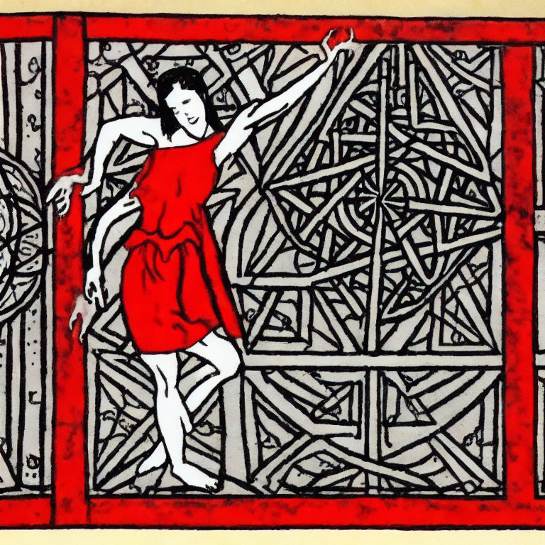 Person in Red Dress on Geometric Background with Red Frame