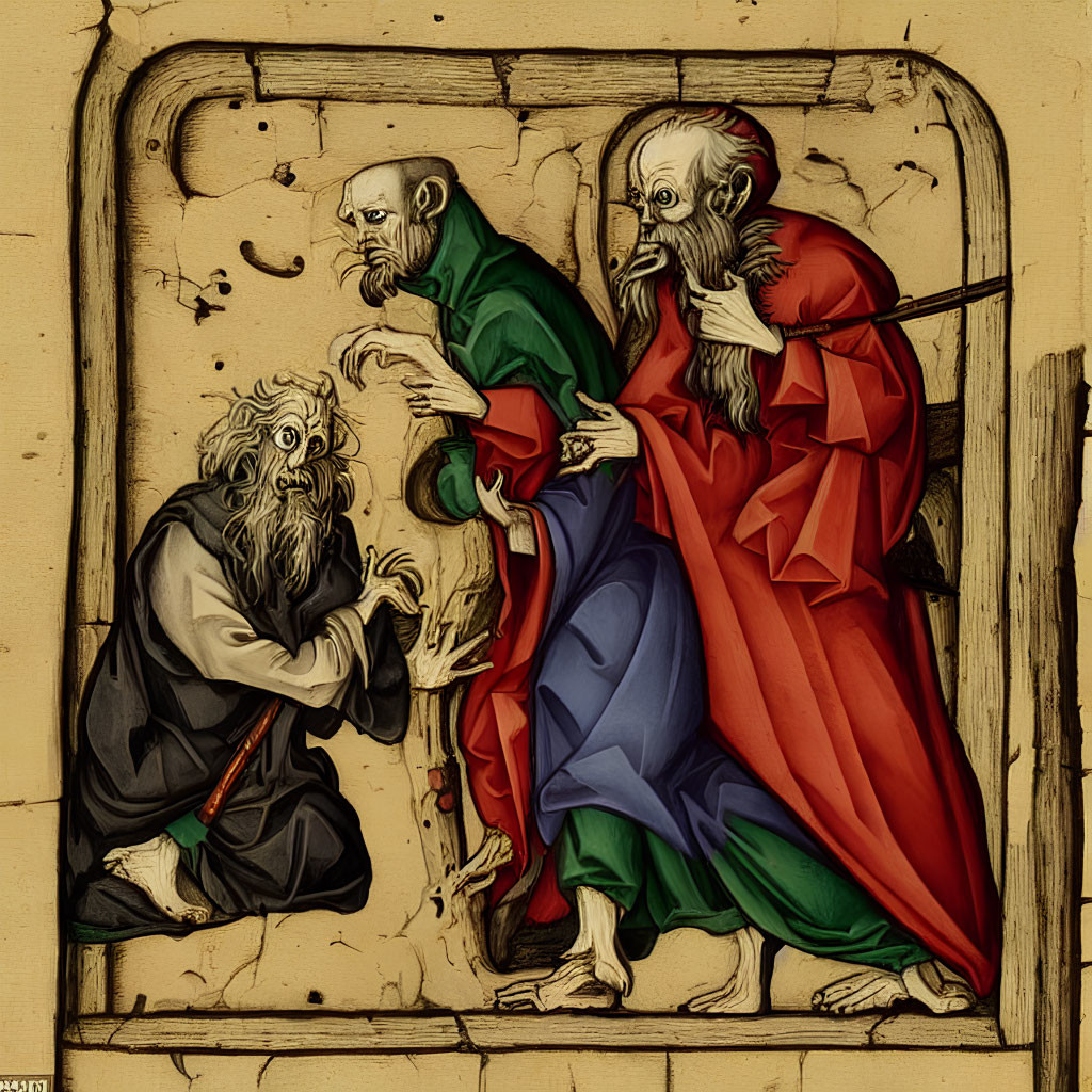 Medieval-style painting of three elderly figures in vibrant robes